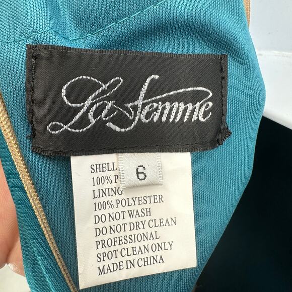 La Femme Prom Dress SZ 6 Teal Sleeveless Formal Embellished Lace Strap Racerback - Picture 16 of 16